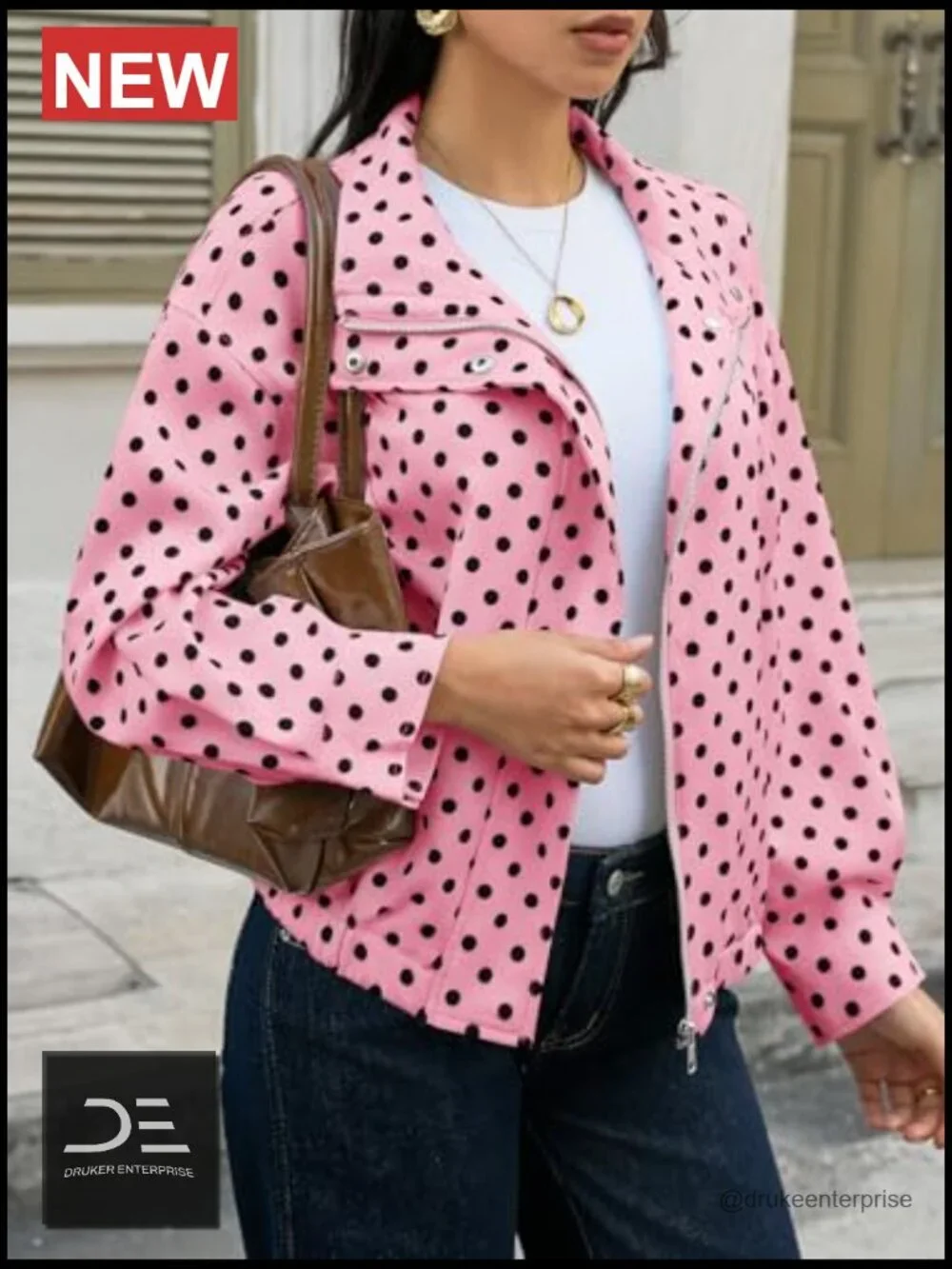 Polka Dot Cropped Zip Up Oversized Jacket Lightweight Casual